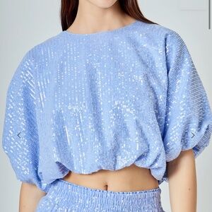Blue sequin endless rose blouse
